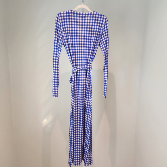 Diane Von Furstenberg DVF Blue Gingham Silk Jersey Julian Long Wrap Dress Sz 6 - Picture 5 of 14